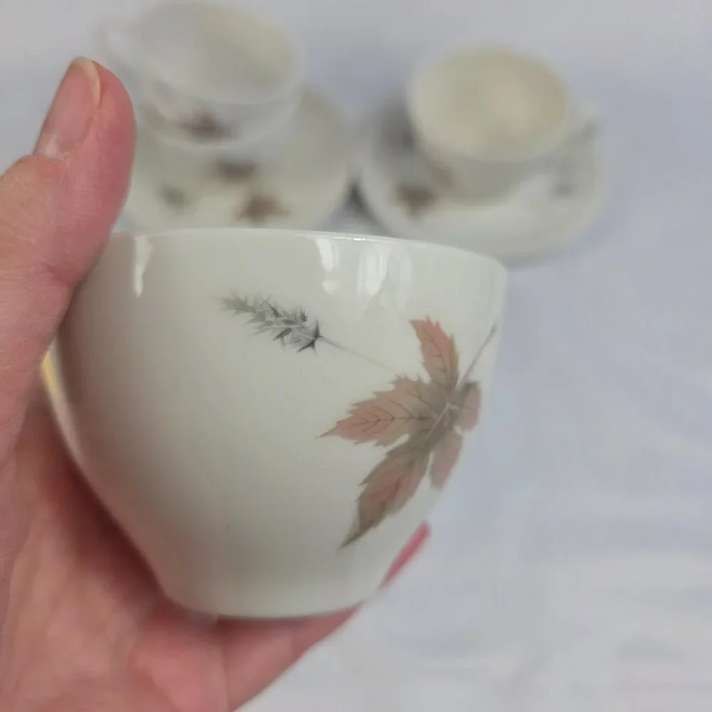 FOUR Royal Doulton Tumbling Leaves Cup & Saucer Sets Gray & Pink Leaves